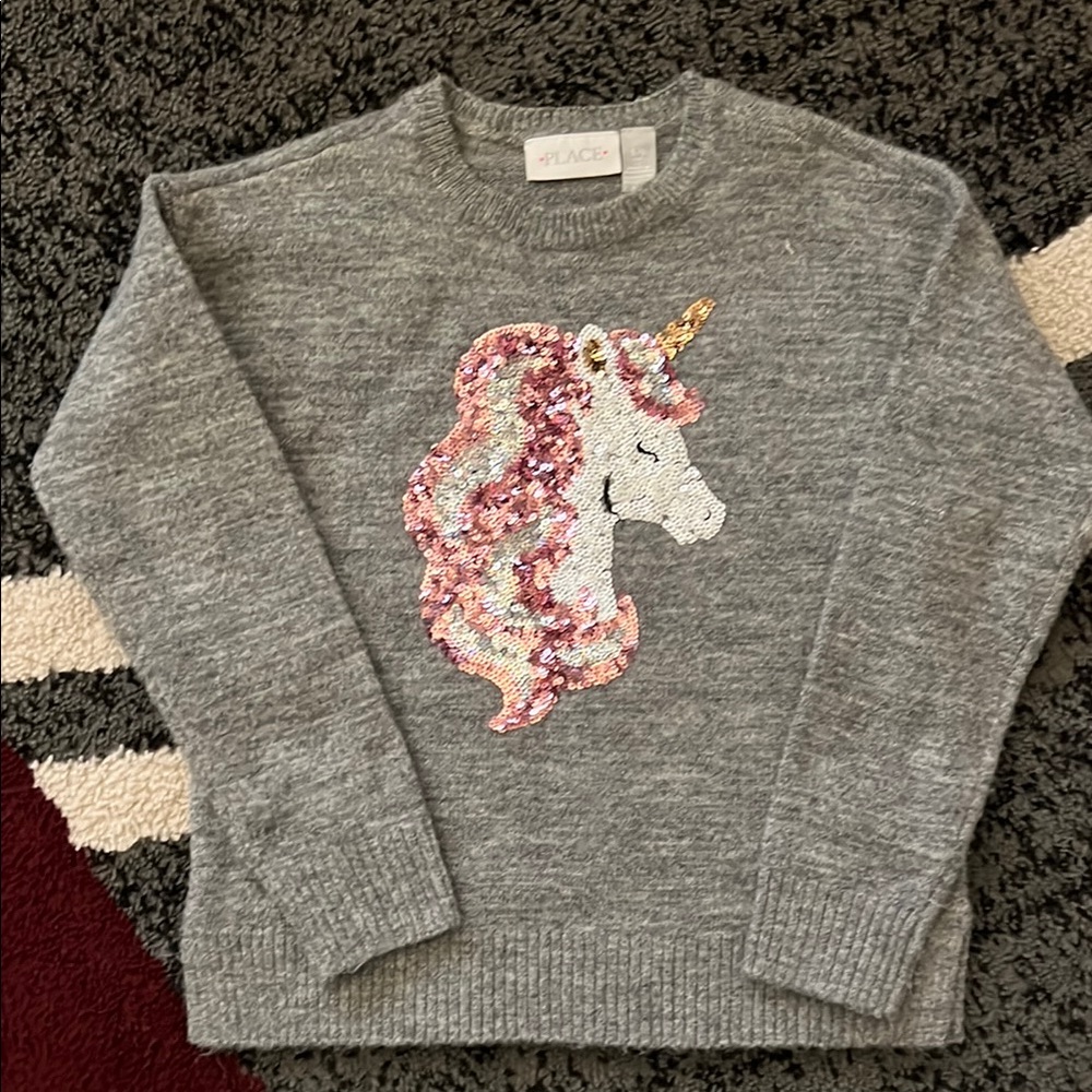 Gray Unicorn Sweater with Sequin Design